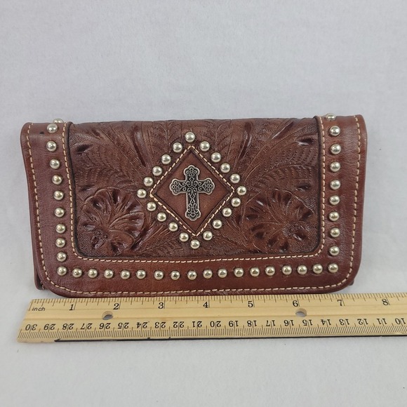 NWT American West Tooled Leather Wallet Brown 7" Snap Closure Western Design VTG - Picture 4 of 16